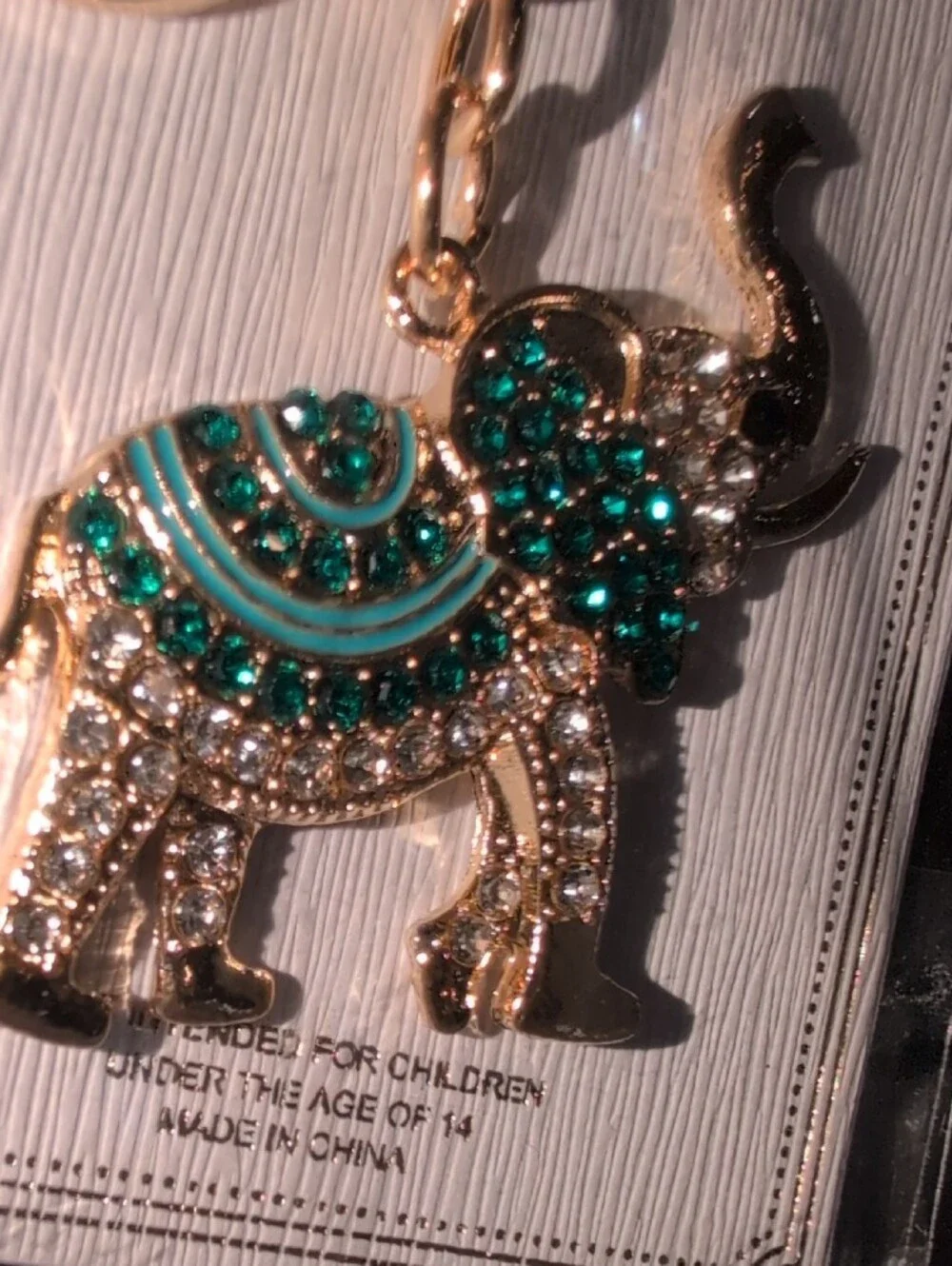 Gold Elephant Keychain with Teal & Clear Crystals